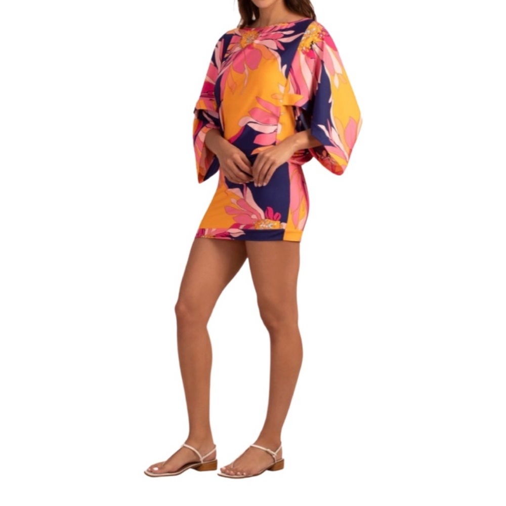 TRINA TURK BREEZE 3/4 SLEEVE TUNIC COVER-UP FLORAL MULTI